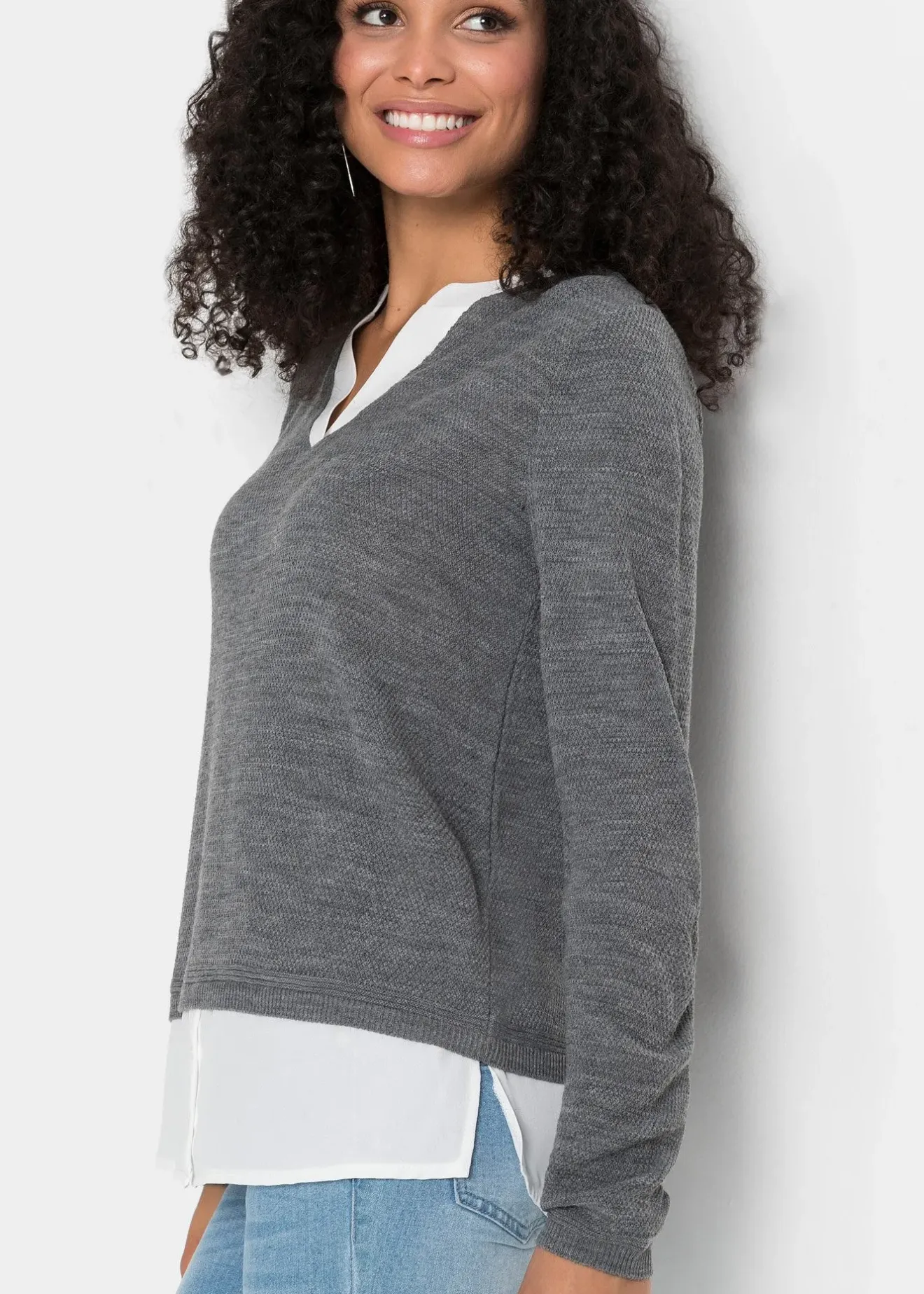 Femme bonprix Maille|Pulls & Gilets|Pull en fine maille avec empiècement chemisier