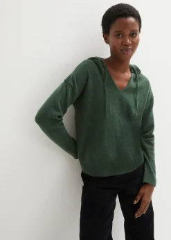 bonprix Pull en maille à col V et capuche|Femme Maille|Pulls & Gilets