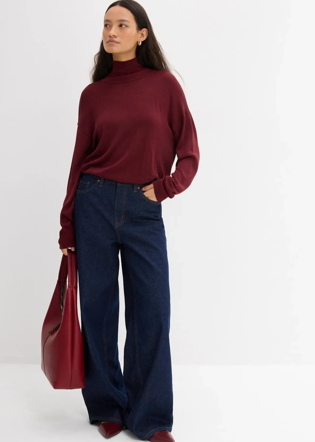 Femme bonprix Maille|Pulls & Gilets|Pull léger en fine maille de viscose majoritaire à large col cheminée