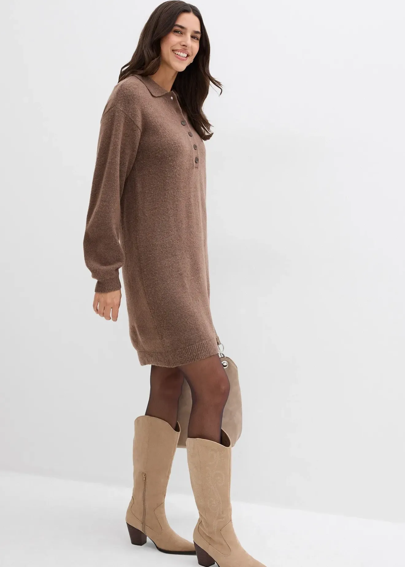 bonprix Robe courte en maille avec encolure boutonnée|Femme Maille|Robes