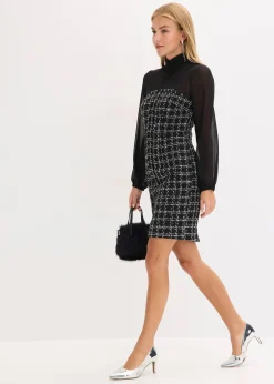 Femme bonprix Robes|Robe courte en maille bouclette avec manches en mousseline