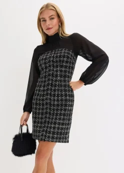 Femme bonprix Robes|Robe courte en maille bouclette avec manches en mousseline