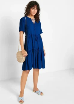 Femme bonprix Robes|Robe en crépon de viscose, longueur genou, détail encolure