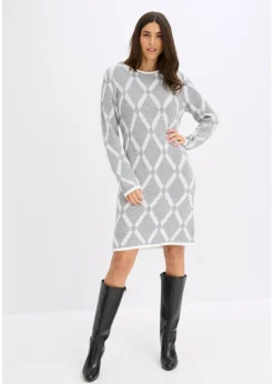 Femme bonprix Maille|Robes|Robe en maille poilue avec motif en losange