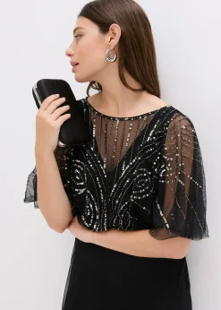 Femme bonprix Mode Festive|Robes|Robe longue en tulle fin avec sequins brodés