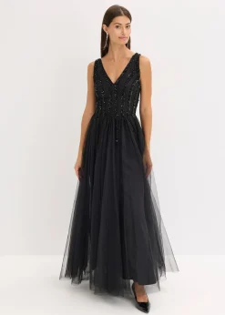 bonprix Robe longue en tulle fin avec sequins brodés|Femme Mode Festive|Robes