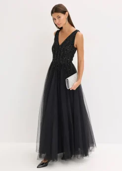 bonprix Robe longue en tulle fin avec sequins brodés|Femme Mode Festive|Robes