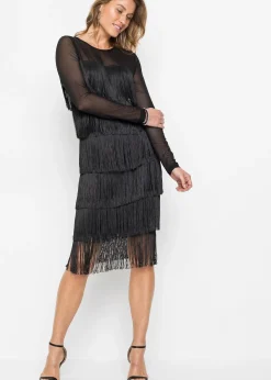 bonprix Robe midi en mesh léger à franges|Femme Tailles Petite|Robes