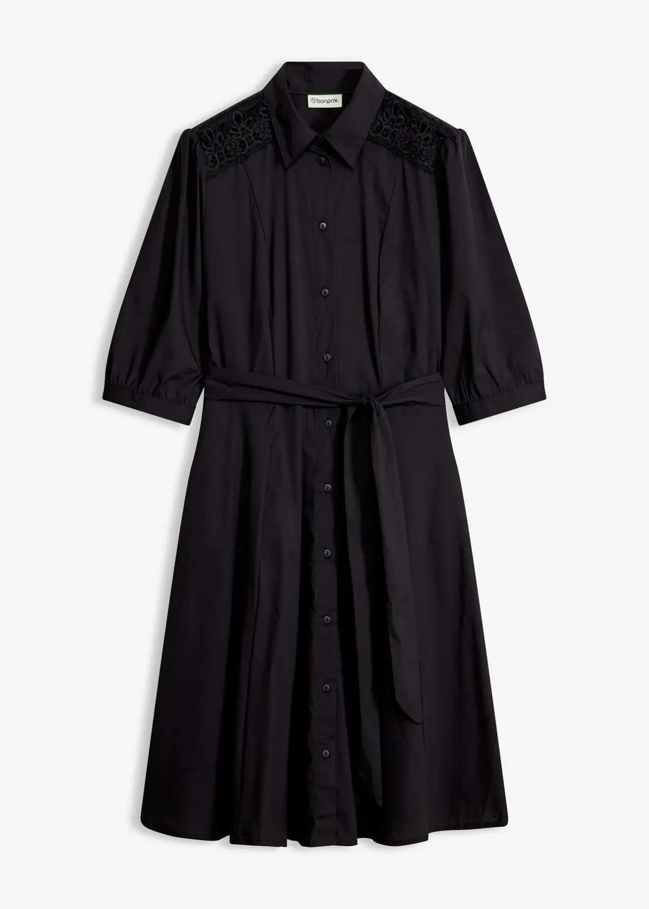 Femme bonprix Tailles Petite|Robes|Robe-chemise avec dentelle et lien à nouer