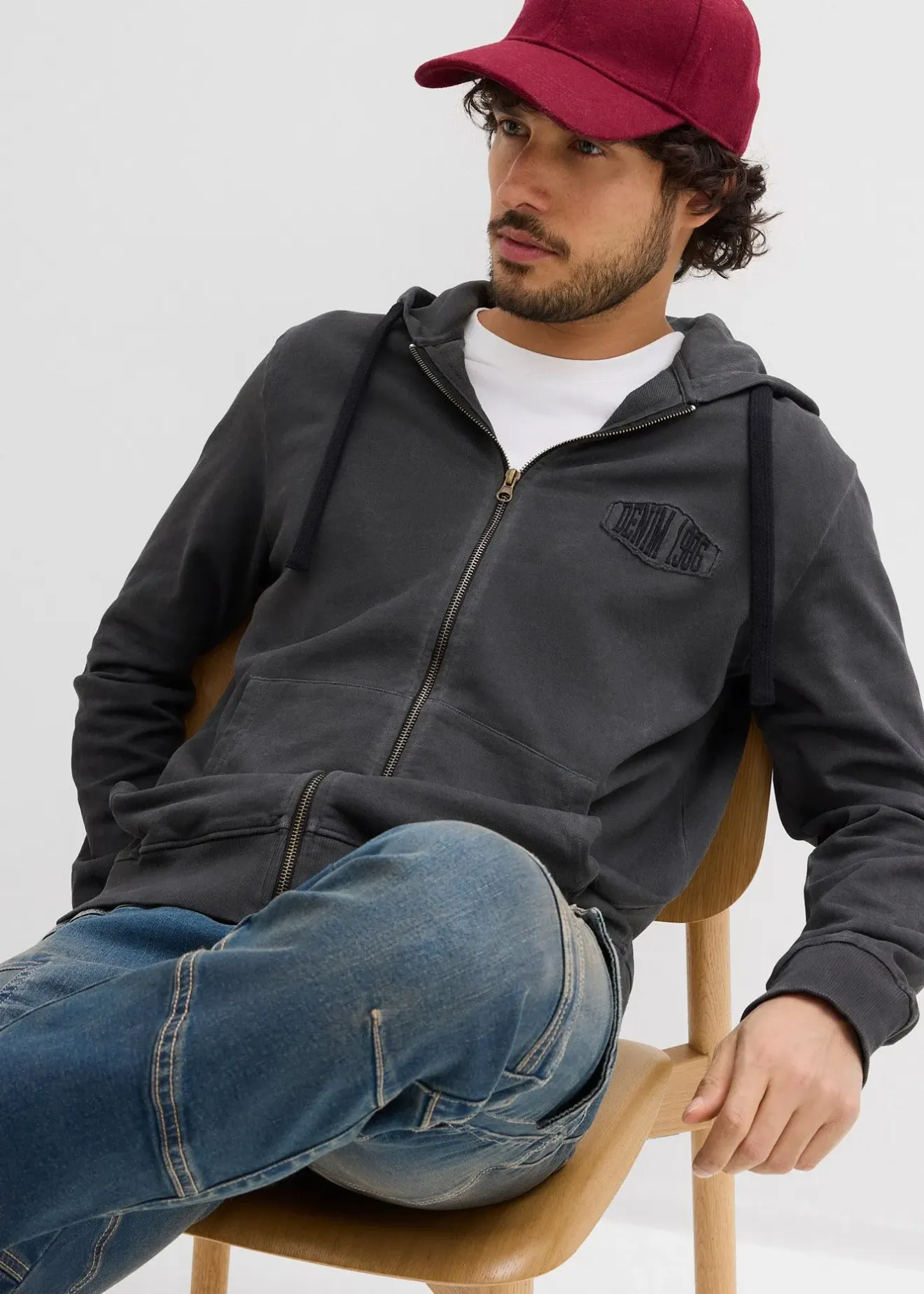 Homme bonprix Sweats|Sweat zippé à capuche, aspect délavé