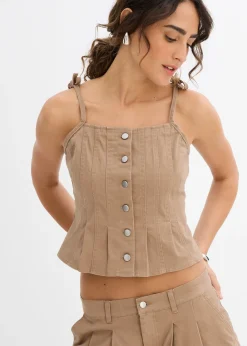 bonprix Top à fines bretelles en toile de coton extensible|Femme Deux Pièces & Ensembles|T-Shirts & Tops