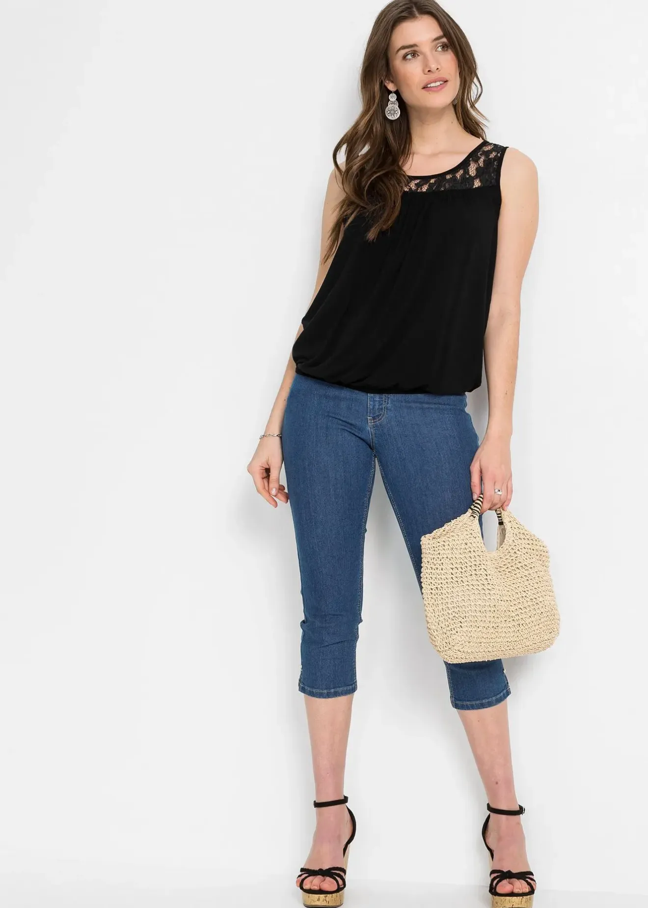 Femme bonprix T-Shirts & Tops|Top en viscose extensible et dentelle