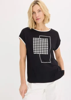 Femme bonprix T-Shirts & Tops|T-shirt à imprimé placé et passepoil contrastant