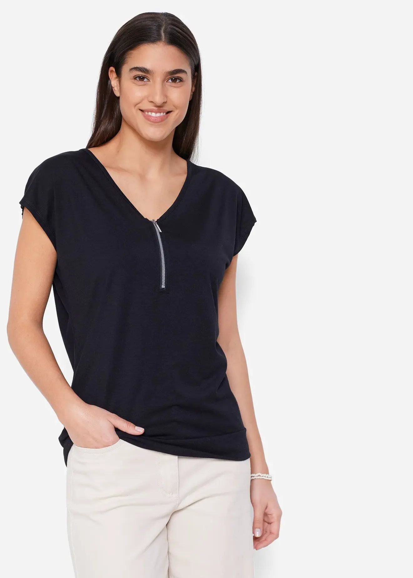 bonprix T-shirt avec zip, manches courtes|Femme T-Shirts & Tops