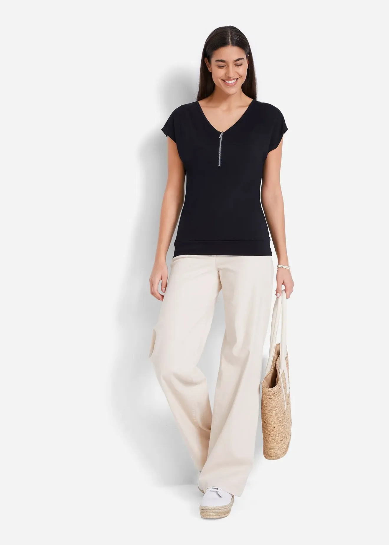 bonprix T-shirt avec zip, manches courtes|Femme T-Shirts & Tops