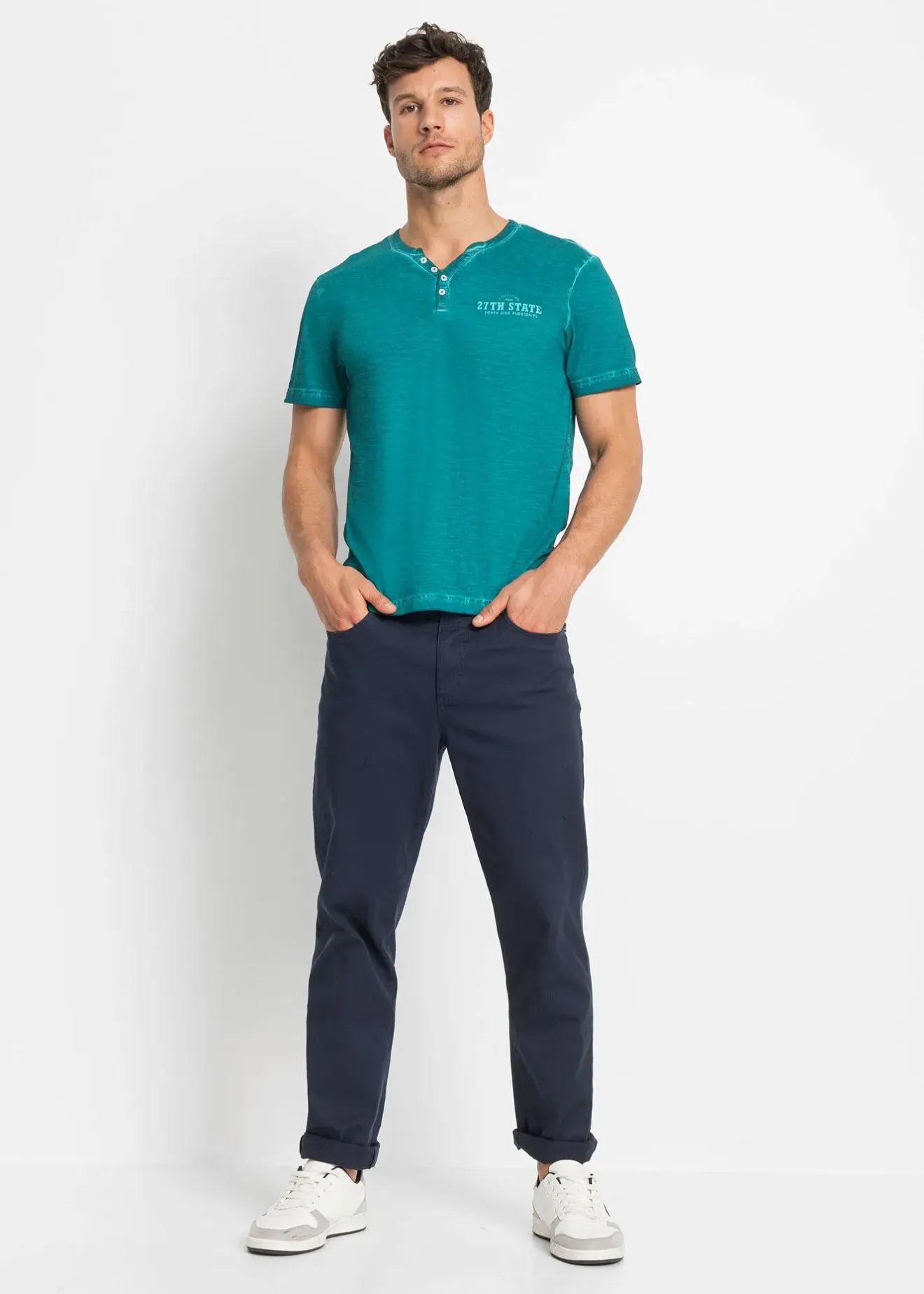 Homme bonprix T-Shirts & Polos|T-shirt col tunisien, aspect délavé, 100% coton