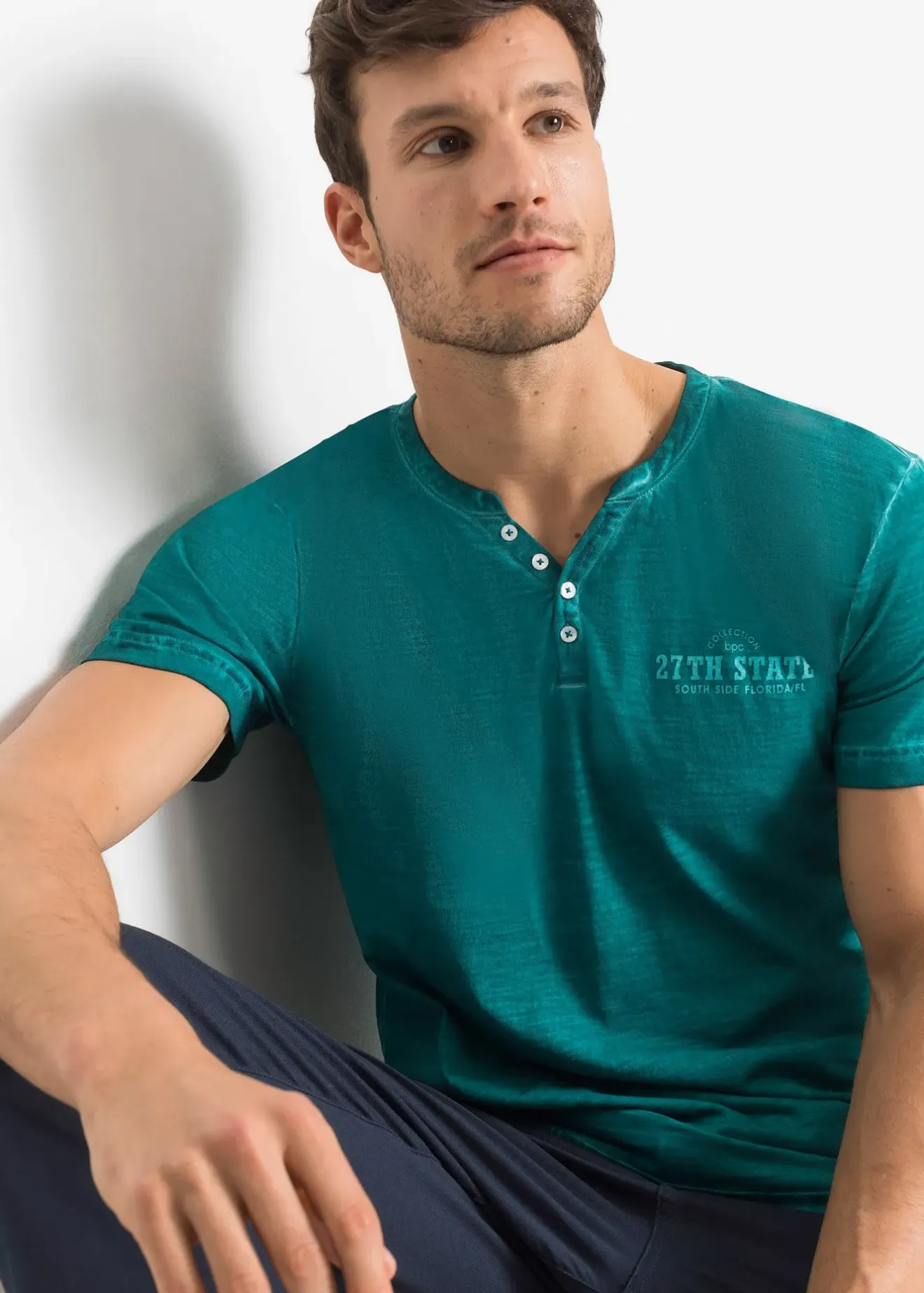 Homme bonprix T-Shirts & Polos|T-shirt col tunisien, aspect délavé, 100% coton