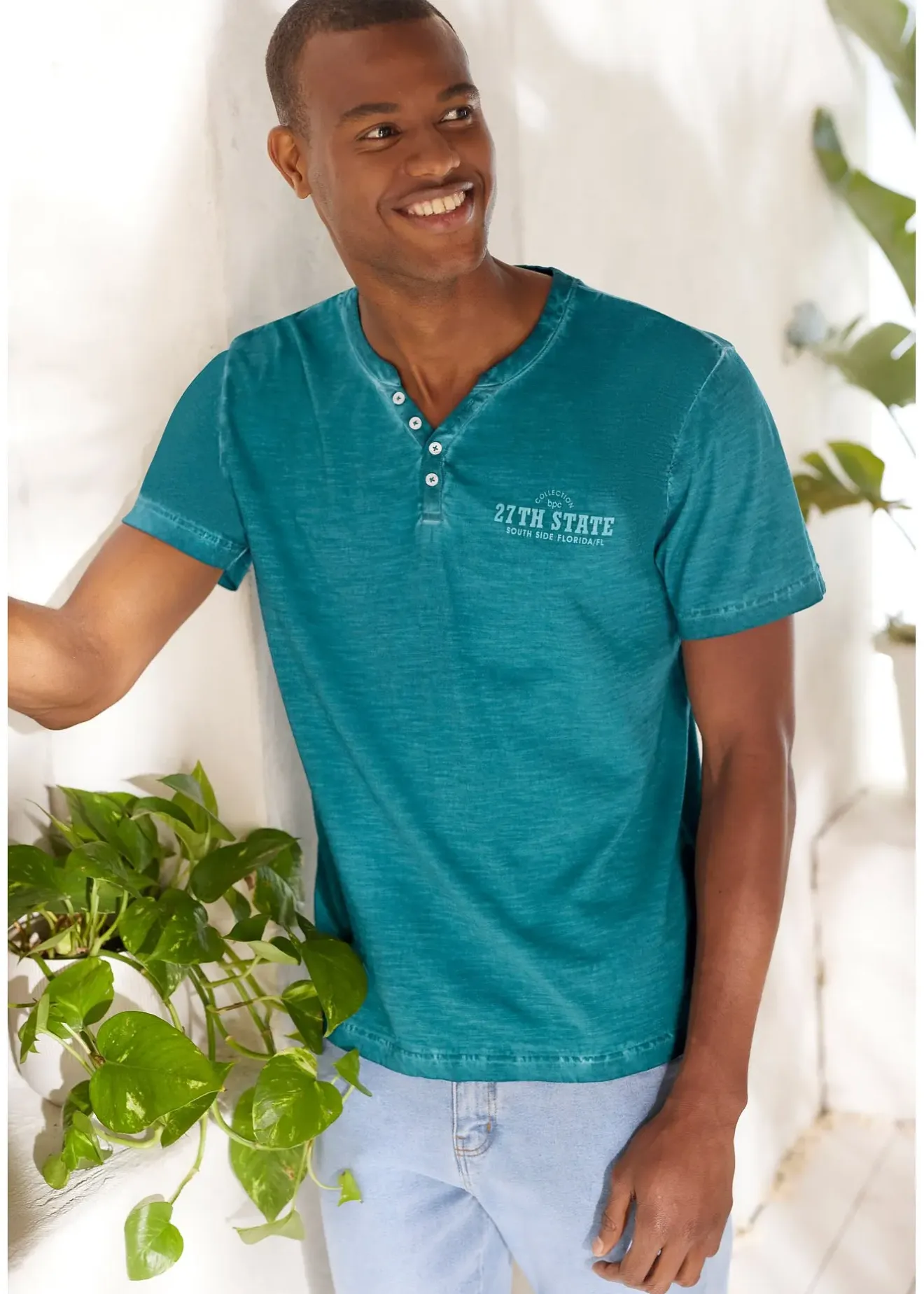 Homme bonprix T-Shirts & Polos|T-shirt col tunisien, aspect délavé, 100% coton