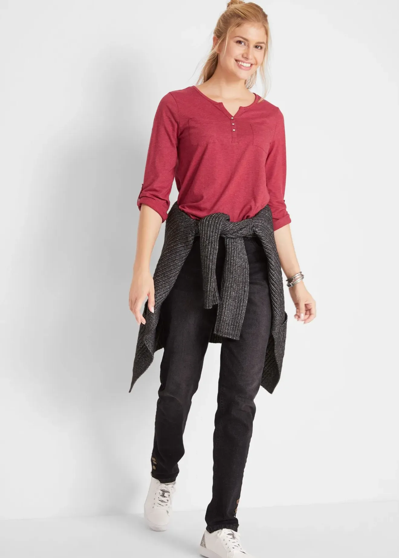 bonprix T-shirt col tunisien boutonné à manches longues|Femme T-Shirts & Tops