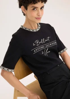 bonprix T-shirt en coton avec liseré perlé|Femme T-Shirts & Tops