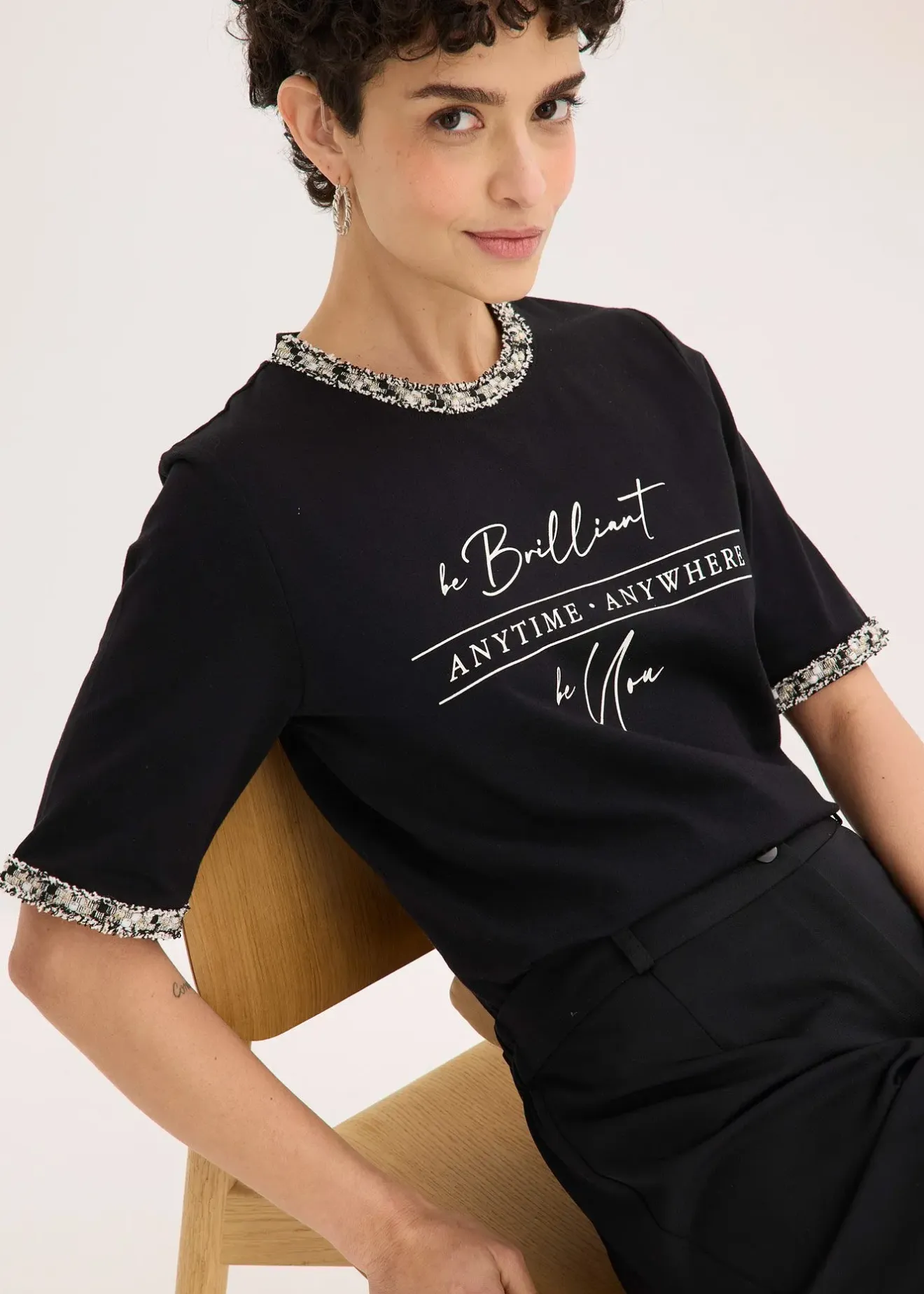 bonprix T-shirt en coton avec liseré perlé|Femme T-Shirts & Tops