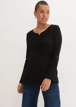 bonprix T-shirt manches longues à col boutonné, 100% coton|Femme T-Shirts & Tops