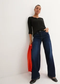 bonprix T-shirt manches longues à col boutonné, 100% coton|Femme T-Shirts & Tops