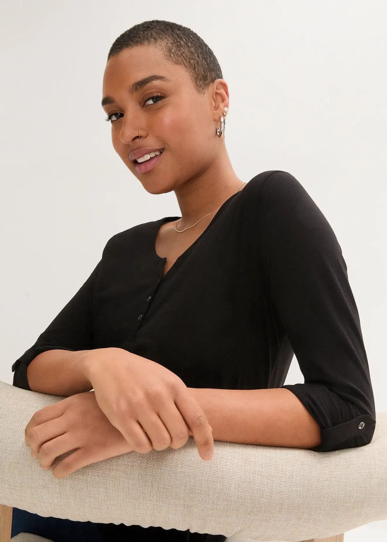 bonprix T-shirt manches longues à col boutonné, 100% coton|Femme T-Shirts & Tops