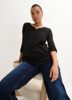 bonprix T-shirt manches longues à col boutonné, 100% coton|Femme T-Shirts & Tops