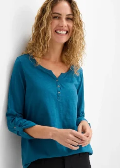 Femme bonprix T-Shirts & Tops|T-shirt manches longues à col boutonné, 100% coton