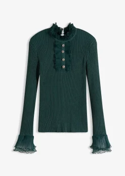 bonprix T-shirt manches longues en fine maille avec volants en mousseline|Femme T-Shirts & Tops