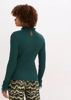 bonprix T-shirt manches longues en fine maille avec volants en mousseline|Femme T-Shirts & Tops