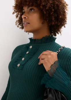 bonprix T-shirt manches longues en fine maille avec volants en mousseline|Femme T-Shirts & Tops